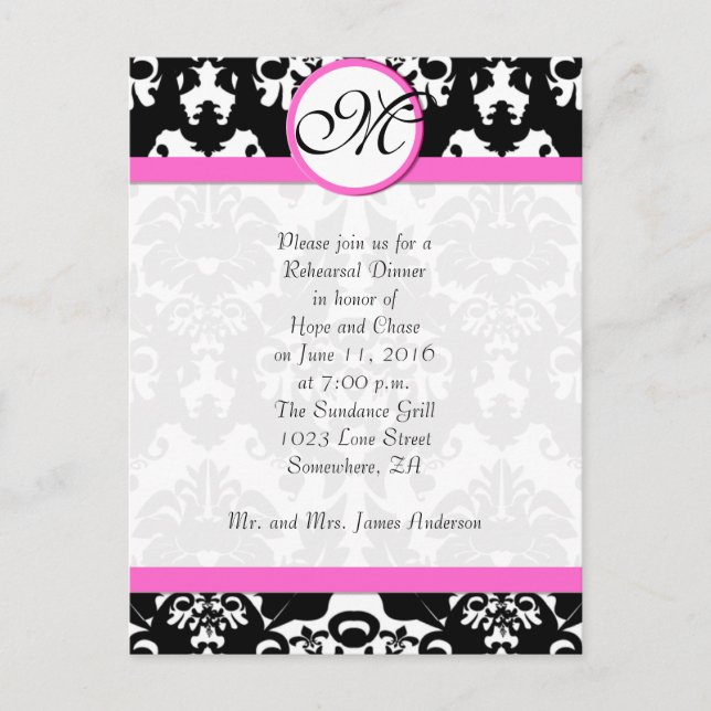 Rosa Trim Black Damask Probe Dinner Einladungspostkarte (Vorderseite)