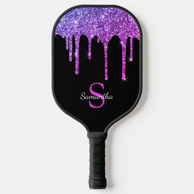 Rosa Tropfen für Lila Glitzer Pickleball Schläger (Vorderseite)