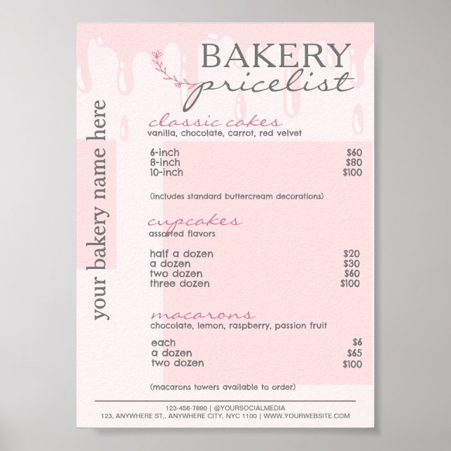 Rosa Tropfen Menü Bäckerei Preisliste Poster (Vorne)
