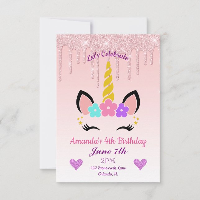Rosa Tropfende Glitzer/Blumenzwiebeln Geburtstag Einladung (Vorderseite)