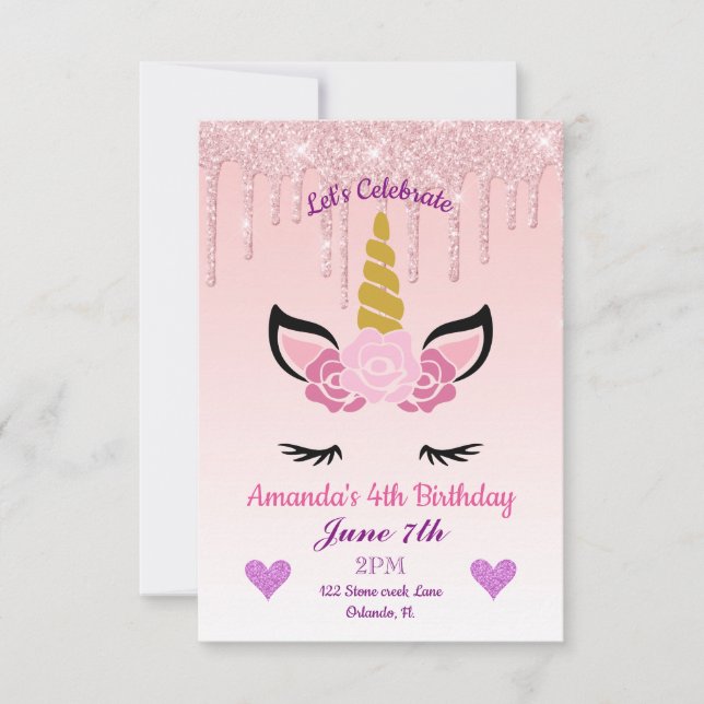 Rosa Tropfende Glitzer/Blumenzwiebeln Geburtstag Einladung (Vorderseite)