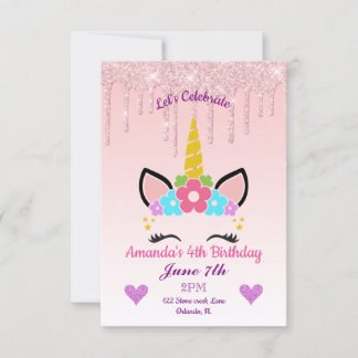 Rosa Tropfende Glitzer/Blumenzwiebeln Geburtstag Einladung