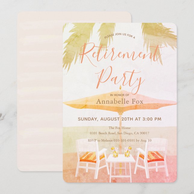 Rosa Tropical Beach Retirement-Party Einladung (Vorne/Hinten)