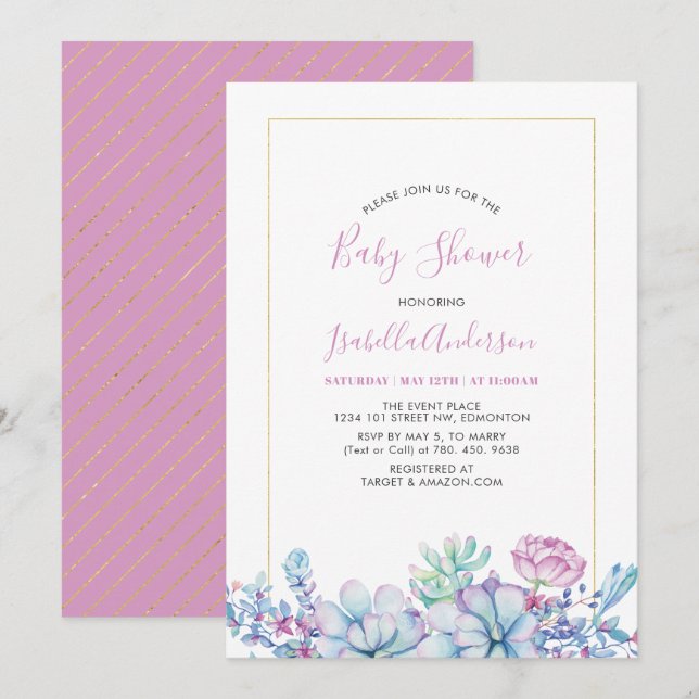 Rosa | Tropical Succulents Summer Baby Shower Einladung (Vorne/Hinten)