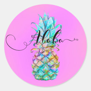 Rosa tropische Ananas-Farbspritzer Luau Aloha Runder Aufkleber