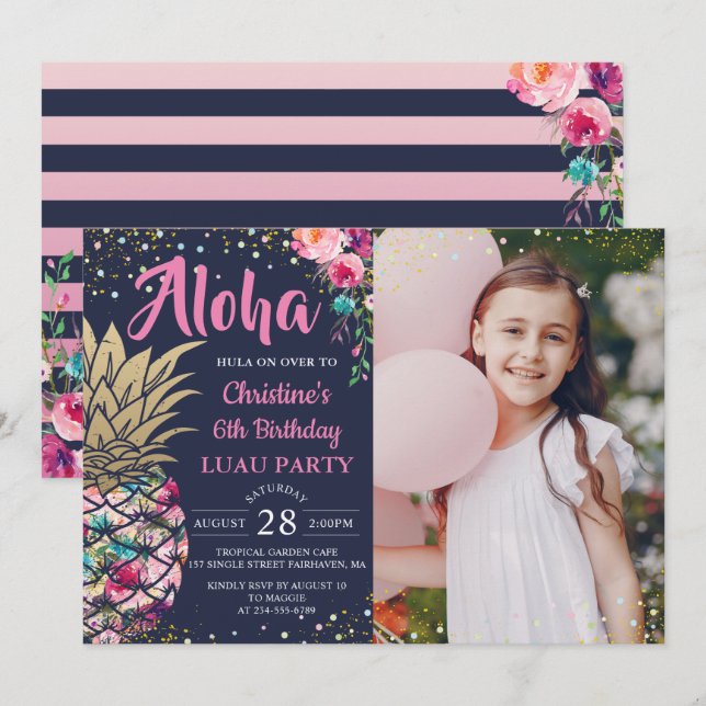 Rosa tropische Ananas Navy Blue Birthday Foto Einladung (Vorne/Hinten)