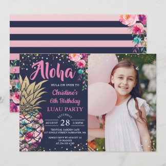 Rosa tropische Ananas Navy Blue Birthday Foto Einladung