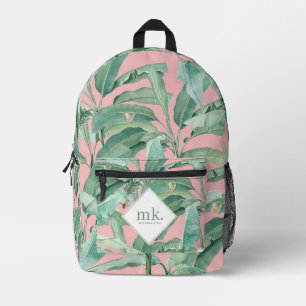 Rosa tropische Bananen-Blätter Mit Monogramm Bedruckter Rucksack