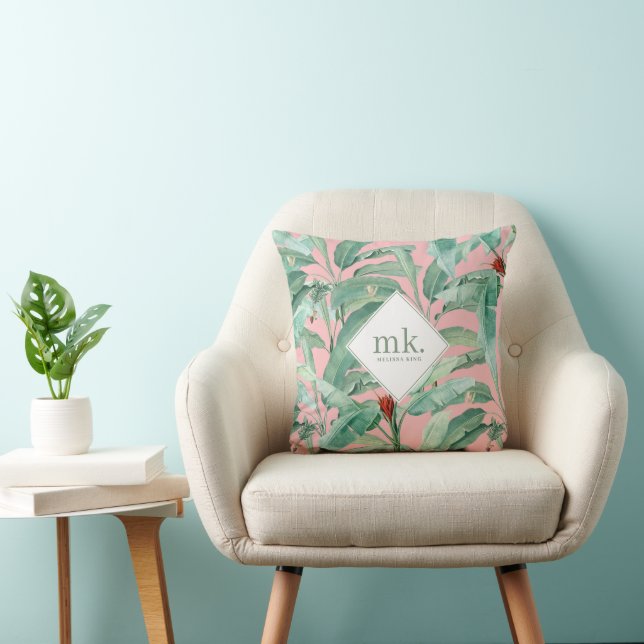 Rosa tropische Bananen-Blätter Mit Monogramm Kissen (Stuhl )