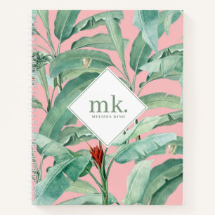 Rosa tropische Bananen-Blätter Mit Monogramm Notizbuch