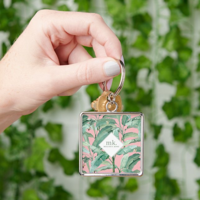 Rosa tropische Bananen-Blätter Mit Monogramm Schlüsselanhänger (Hand)