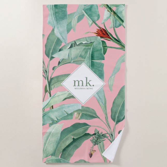 Rosa tropische Bananen-Blätter Mit Monogramm Strandtuch (Vorderseite)