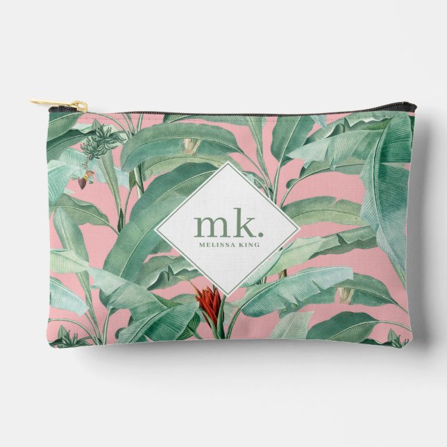 Rosa tropische Bananen-Blätter Mit Monogramm Zubehörtasche (Vorderseite)