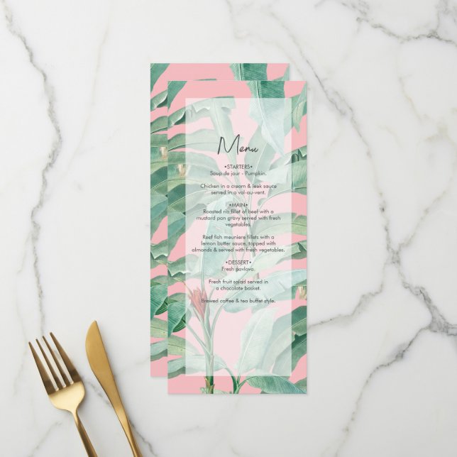 Rosa tropische Bananenpalme Blätter Hochzeit Menükarte (Vorderseite/Rückseite Beispiel)