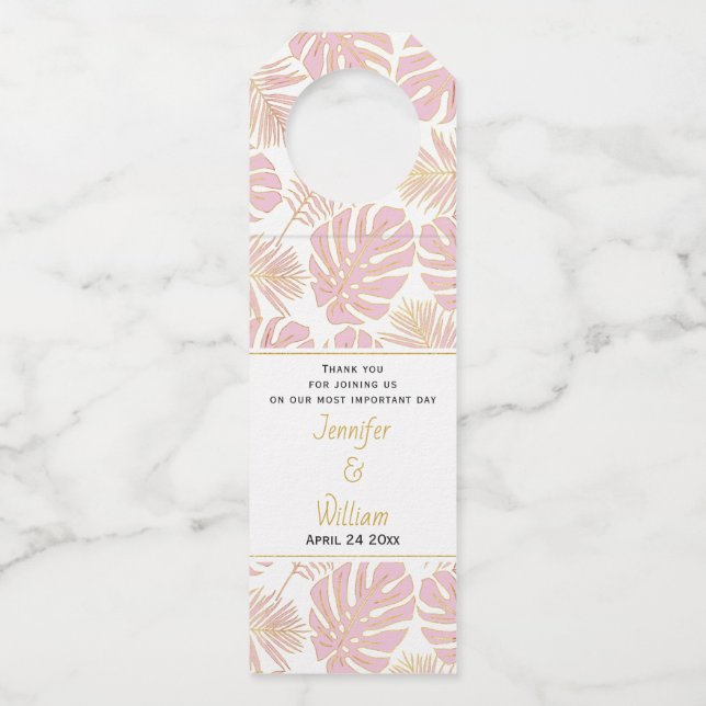 Rosa tropische Blätter Polka Punkte Hochzeit Flaschenanhänger (Vorderseite)