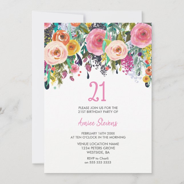 Rosa Tropische Blume 21. Geburtstag Party Einladun Einladung (Vorderseite)