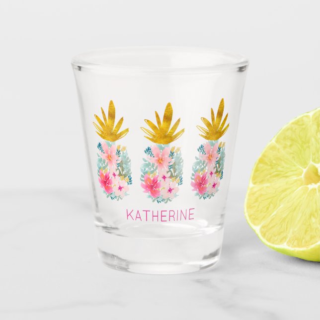 Rosa tropische Blume und Ananas Schnapsglas (Vorderseite)