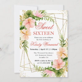 Rosa tropische Blume und Goldrahmen Sweet 16 Einladung