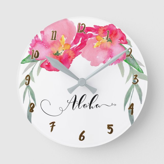 Rosa tropischer BlumenBlumenAloha Chic Runde Wanduhr (Vorderseite)