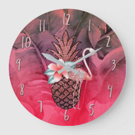 Rosa Tropischer Glitzer Ananas Palme Blätter Chic Große Wanduhr