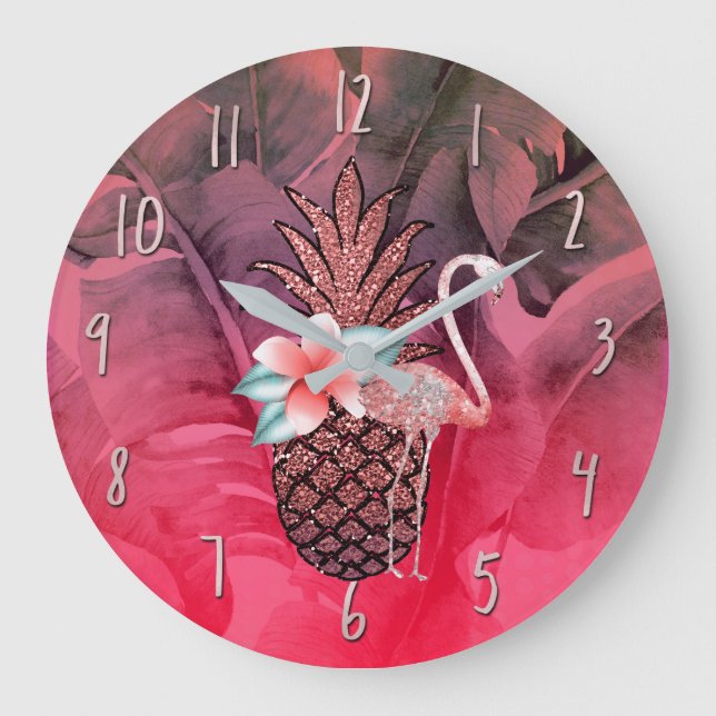 Rosa Tropischer Glitzer Ananas Palme Blätter Chic Große Wanduhr (Vorderseite)
