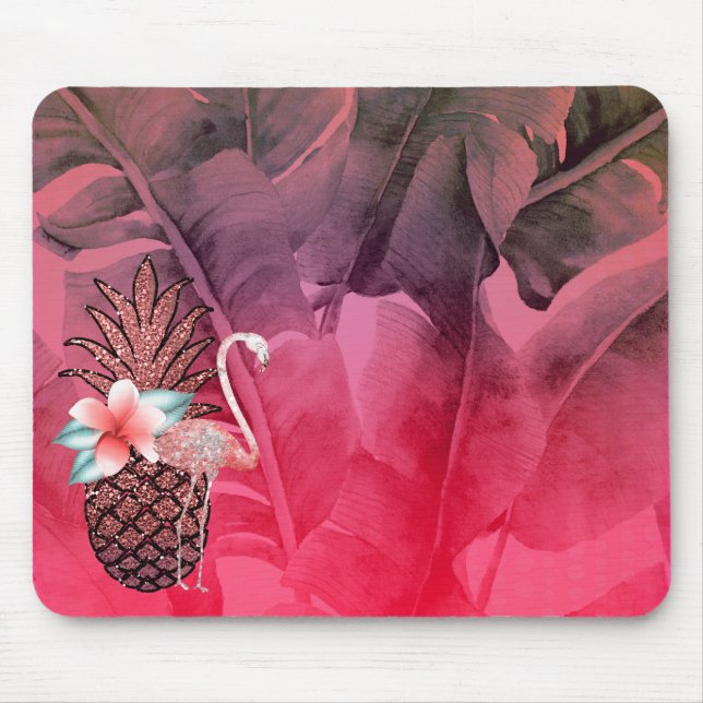 Rosa Tropischer Glitzer Ananas Palme Blätter Chic Mousepad (Vorne)