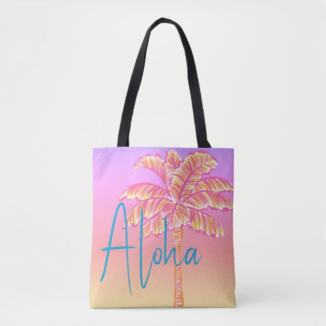 Rosa tropischer Sonnenuntergang Palme Tree Aloha A Tasche (Vorderseite)