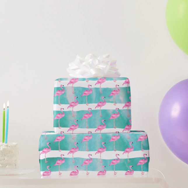 Rosa Tropisches Flamingo Streifen Niedliche Geburt Geschenkpapier (Partygeschenke)