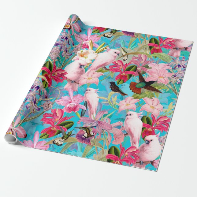 Rosa tropisches Vogel-und Orchideen-Blumen-Muster Geschenkpapier (Ungerollt)