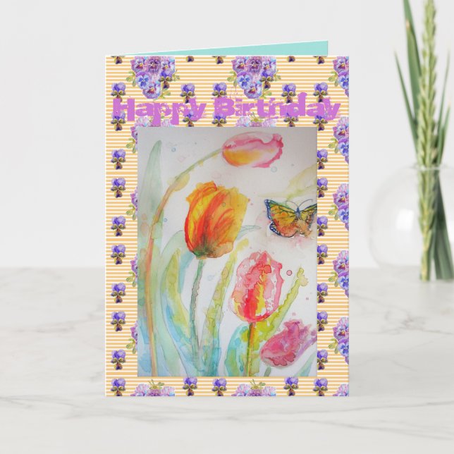 Rosa Tulip und Butterfly Kunst-Karte Karte (Vorderseite)