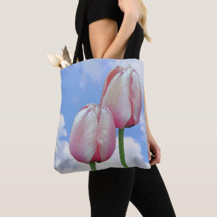 Rosa Tulips Blauer Himmel und weiße Wolken Tasche