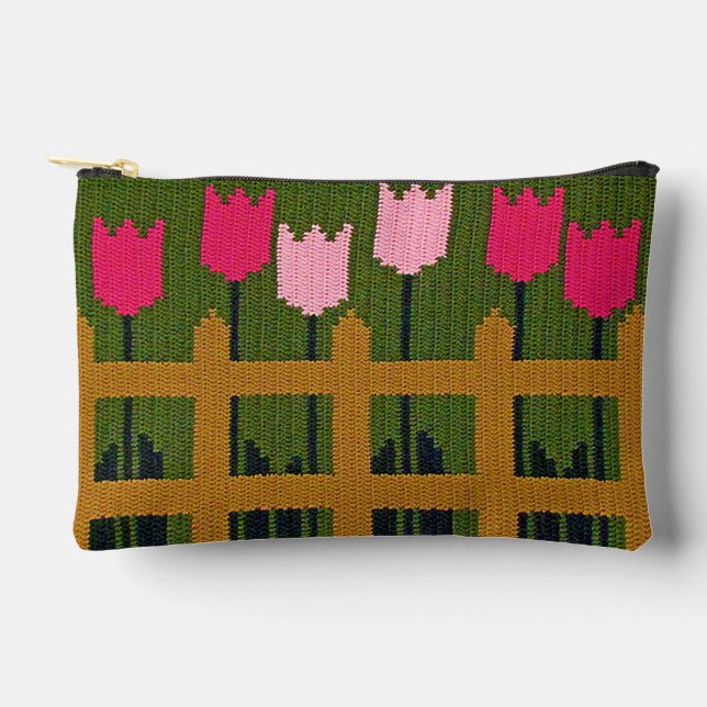 Rosa Tulips Grüner Garten Kunsthandwerk Crochet Pr Zubehörtasche (Vorderseite)