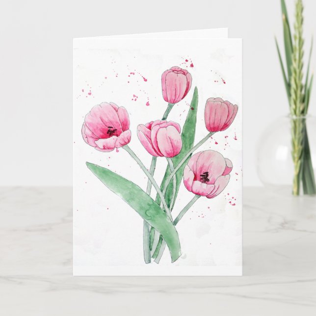 Rosa Tulips in Wasserfarben Dankeskarte (Vorderseite)