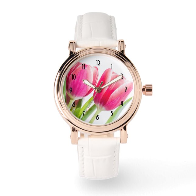 Rosa Tulips mit grünem Blätter Foto Armbanduhr (Vorderseite)