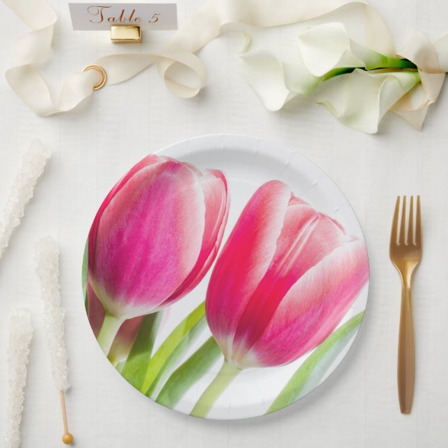 Rosa Tulips mit grünem Blätter Foto Pappteller (Hochzeit)