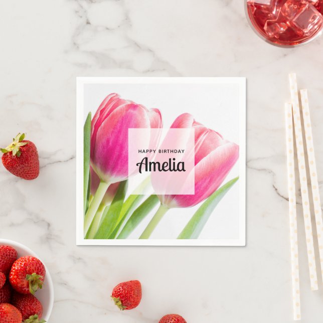 Rosa Tulips mit grünen Blätter Foto Geburtstag Serviette (Beispiel)