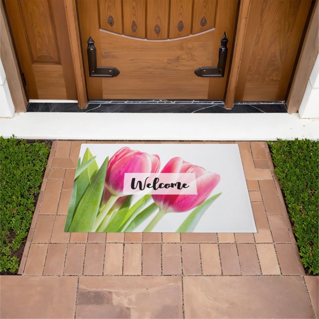 Rosa Tulips mit grünen Blätter Foto Willkommen Fußmatte (Außenbereich)