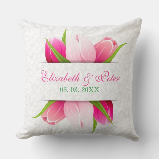 Rosa Tulips Weiße Damaskus Hintergrund Kissen (Vorderseite)