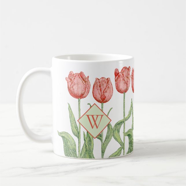 Rosa Tulpe-mit Monogramm mit Blumeninitiale Kaffeetasse (Links)
