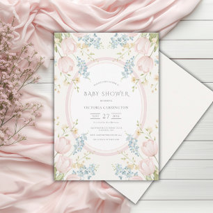 Rosa Tulpen Florale Vintage-Baby-Party Einladung
