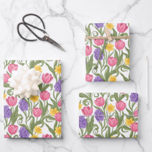 Rosa Tulpen, gelbe Narzissen, violette Hyazinthen Geschenkpapier Set