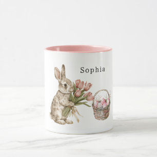 Rosa Tulpen Hase Kaninchen Ostereier Korb Tasse