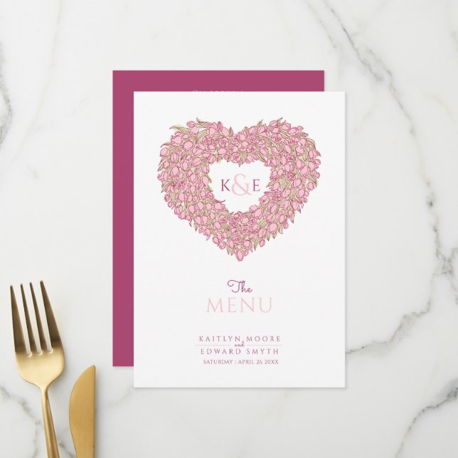 Rosa Tulpen Herzkranz Monogramm Hochzeitsmenü Menükarte (Vorderseite/Rückseite Beispiel)