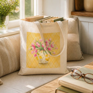 Rosa Tulpen in gelber und weißer Vase Tragetasche