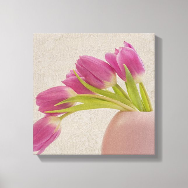 Rosa Tulpen in rosa Rosa Vase mit Spitzen Leinwanddruck (Vorderseite)