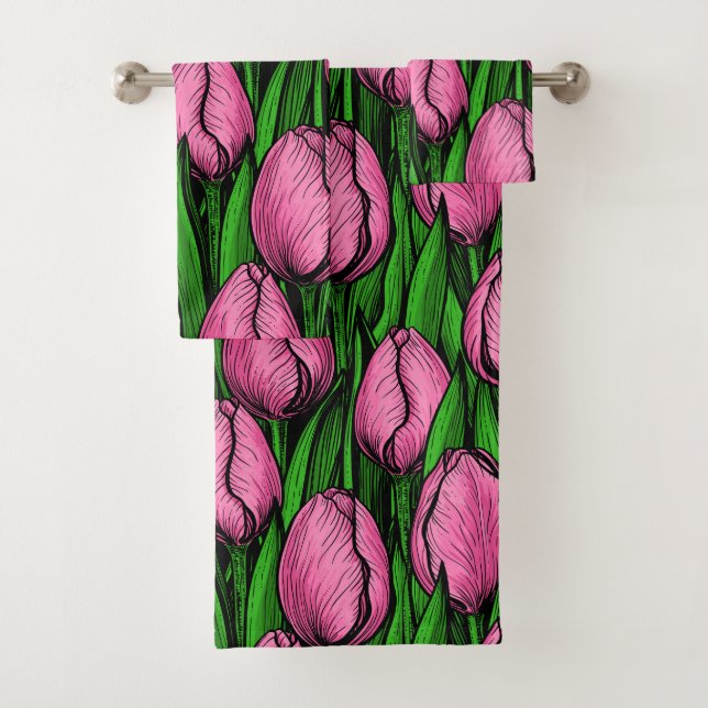 Rosa Tulpen mit grünen Blätter Badhandtuch Set (Insitu)