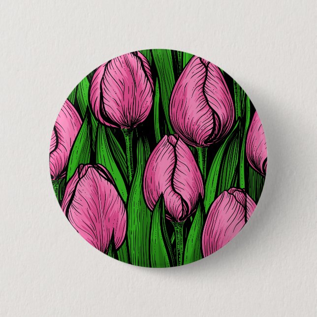 Rosa Tulpen mit grünen Blätter Button (Vorderseite)
