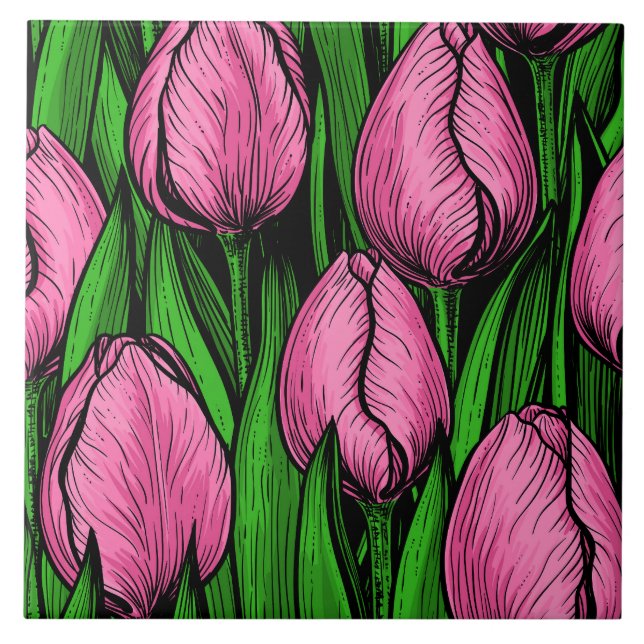 Rosa Tulpen mit grünen Blätter Fliese (Vorderseite)