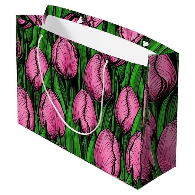 Rosa Tulpen mit grünen Blätter Große Geschenktüte (Rückseite Schrägansicht)