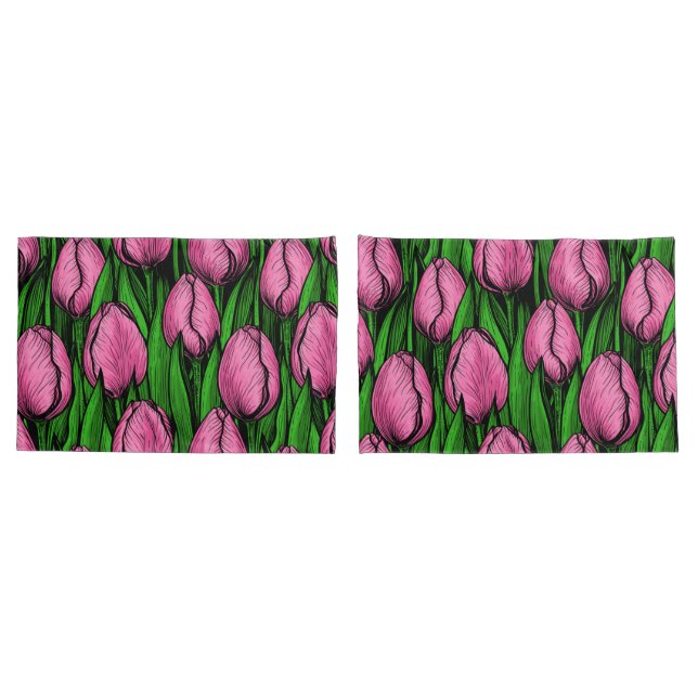 Rosa Tulpen mit grünen Blätter Kissenbezug (Rückseite-Set)